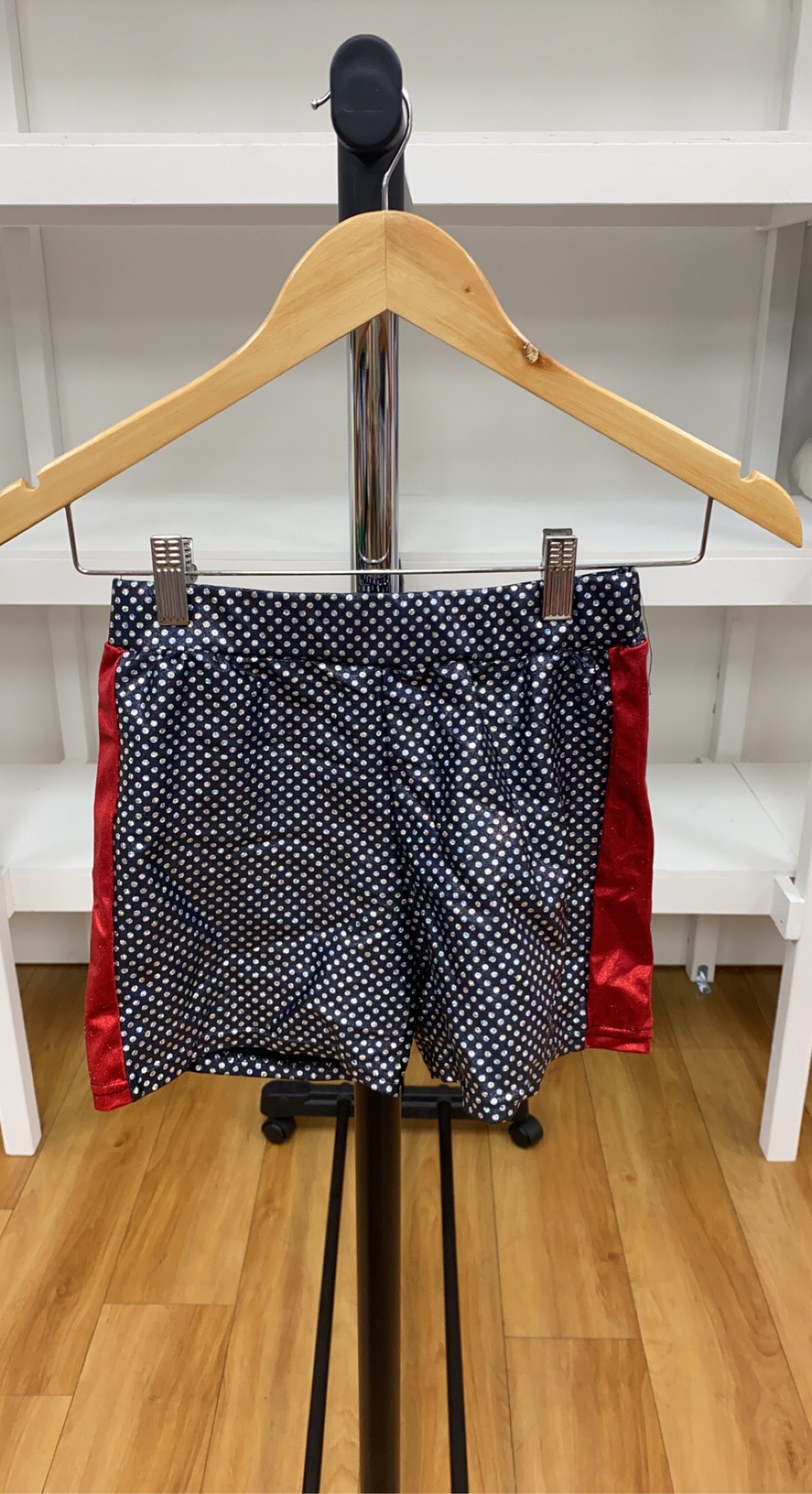 Black & Silver Polkadot Shorts with Red Stripe