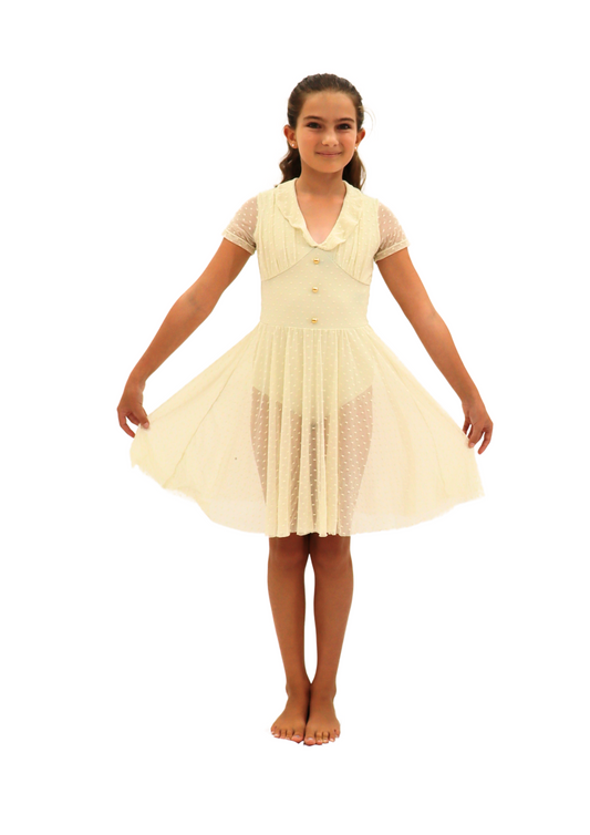 Pale Yellow Mesh Dress with Polka Dots