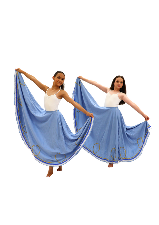 Full length, full circle skirt with white, blue and gold trim