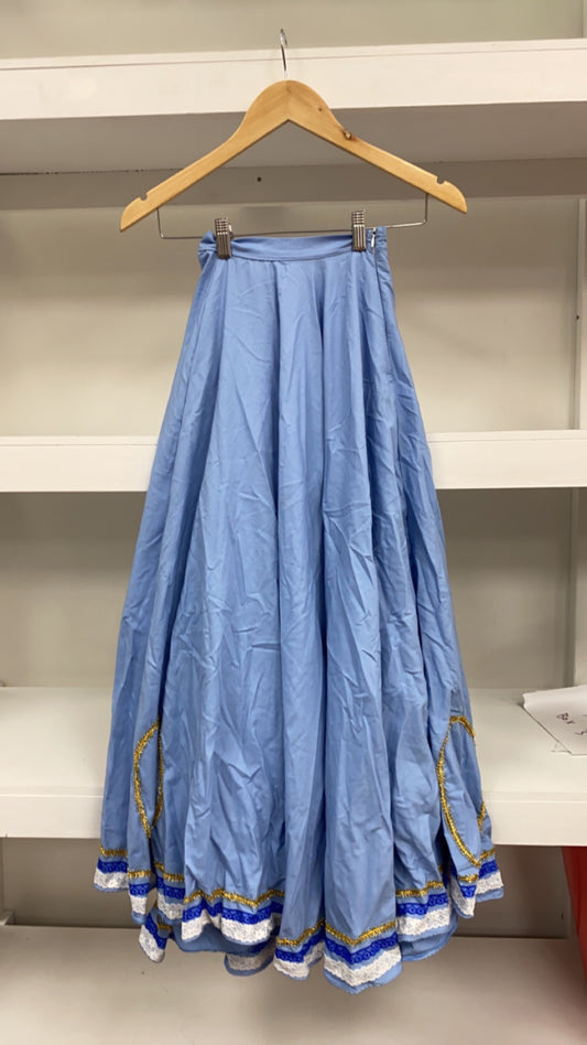 Full length, full circle skirt with white, blue and gold trim